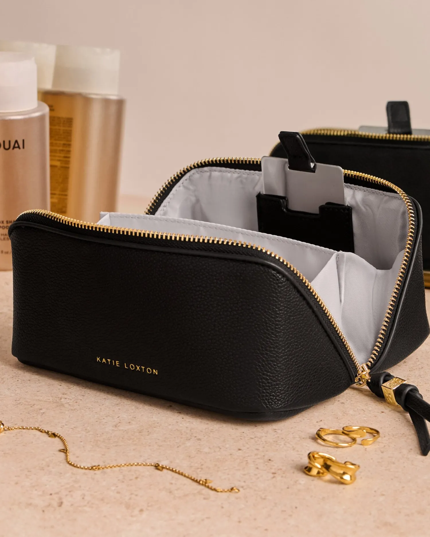 Katie Loxton Fold-Out Mirror Makeup Bag Black New