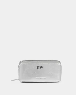 Katie Loxton Patent Crackle Fold-Out Mirror Makeup Bag Silver New