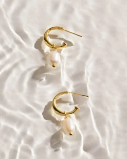 Katie Loxton Pearl Lustre Waterproof Gold Hoop Earrings New