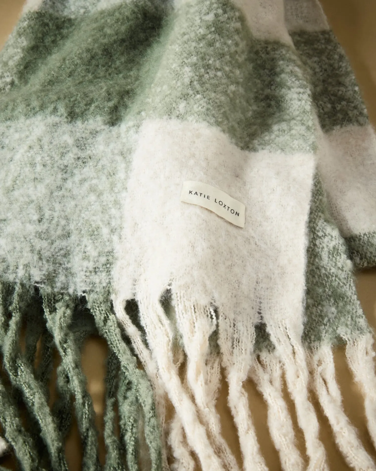 Katie Loxton Recycled Checked Tassel Scarf Graphite Green Clearance
