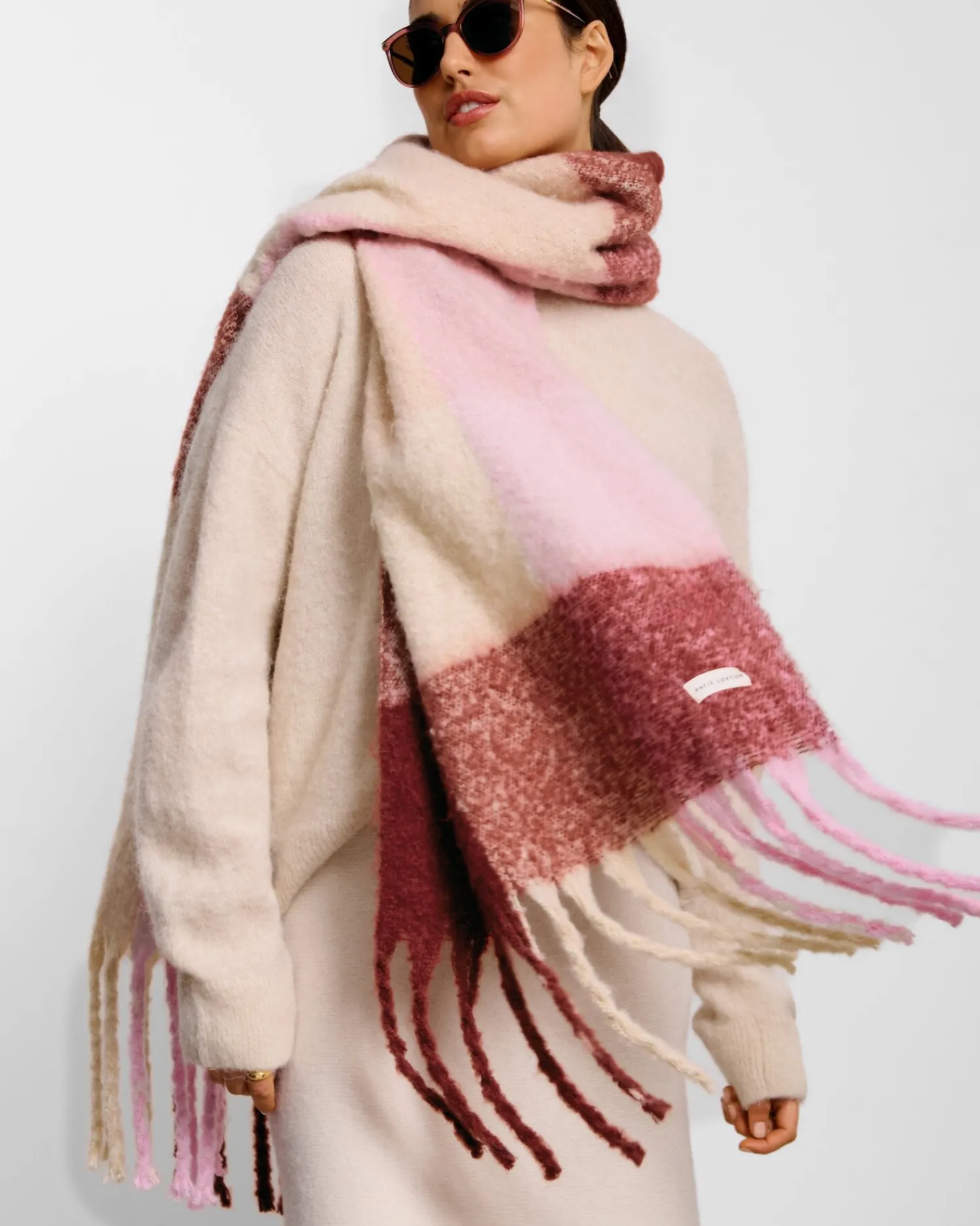 Katie Loxton Recycled Checked Tassel Scarf Pink Sale